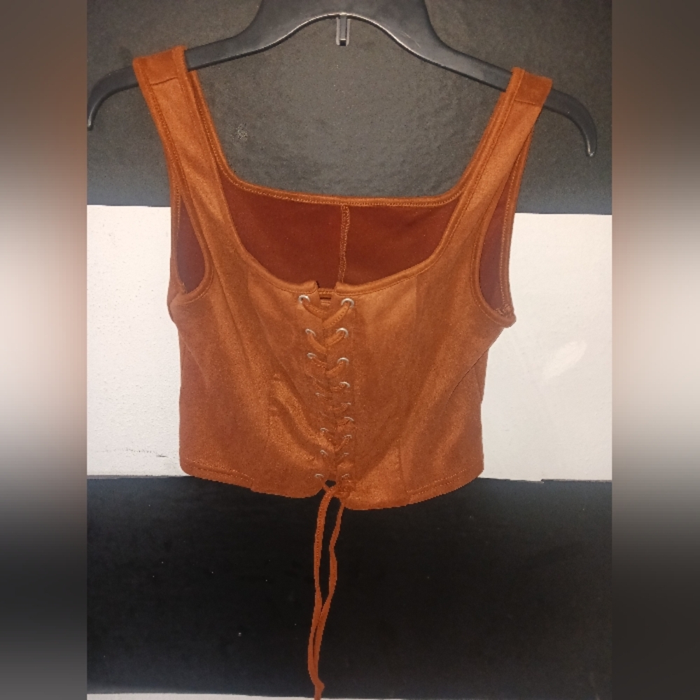 Women Khaki Brown Lace Up Sexy Top - Picture 7 of 8